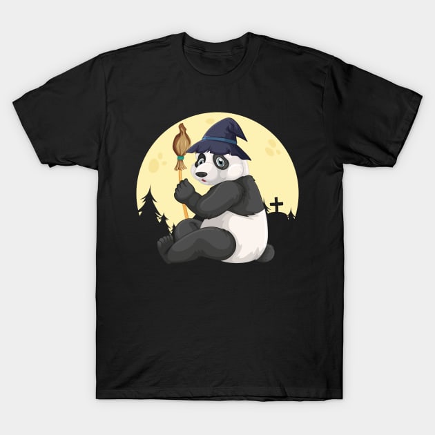 Cute Panda Wearing A Witch Hat Witch Broomstick Panda Lover T-Shirt by FamiLane